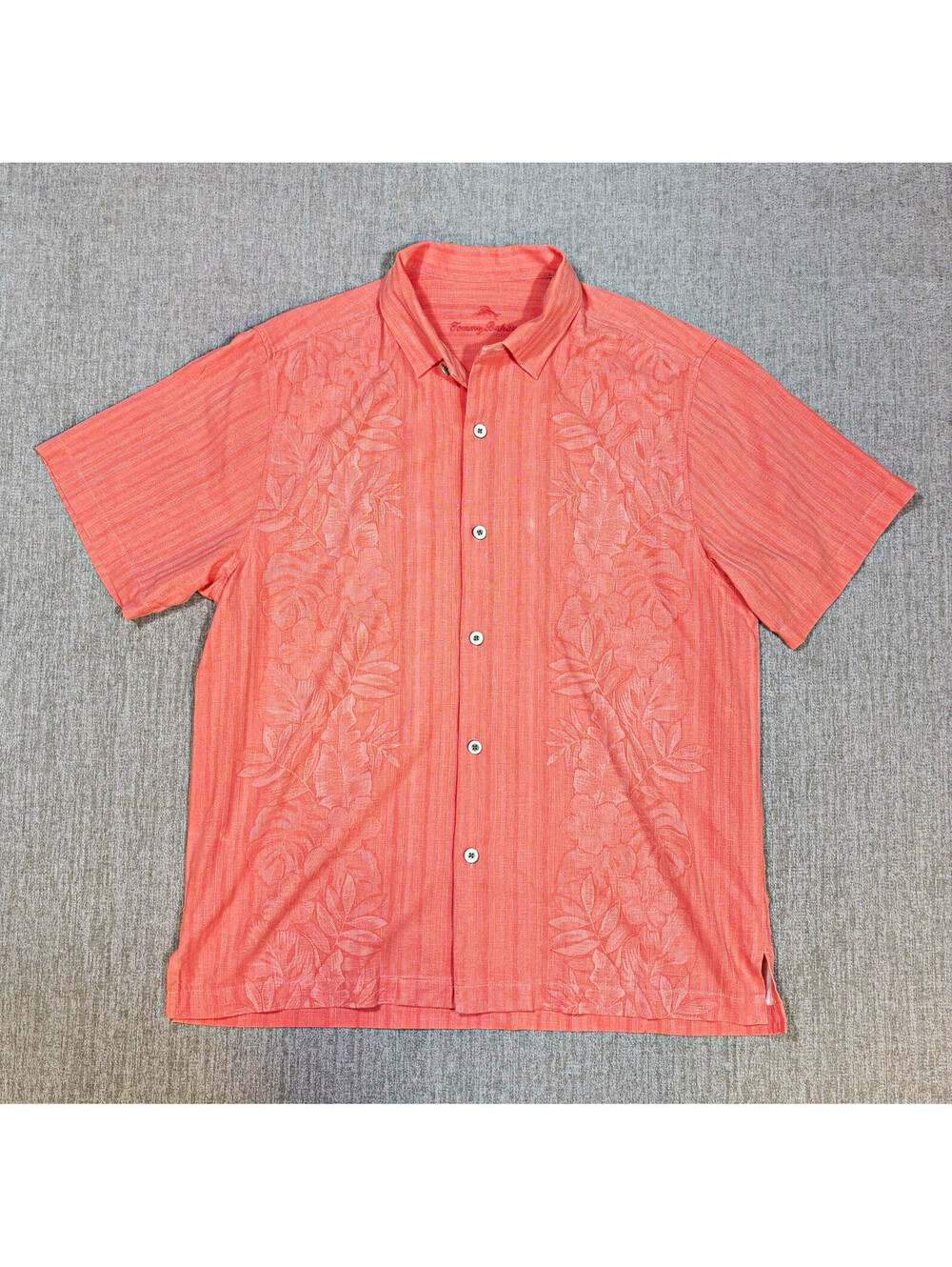 Tommy Bahama Mens L 100% Silk Camp Shirt Coral Orange Floral Jacquard Hawaiian